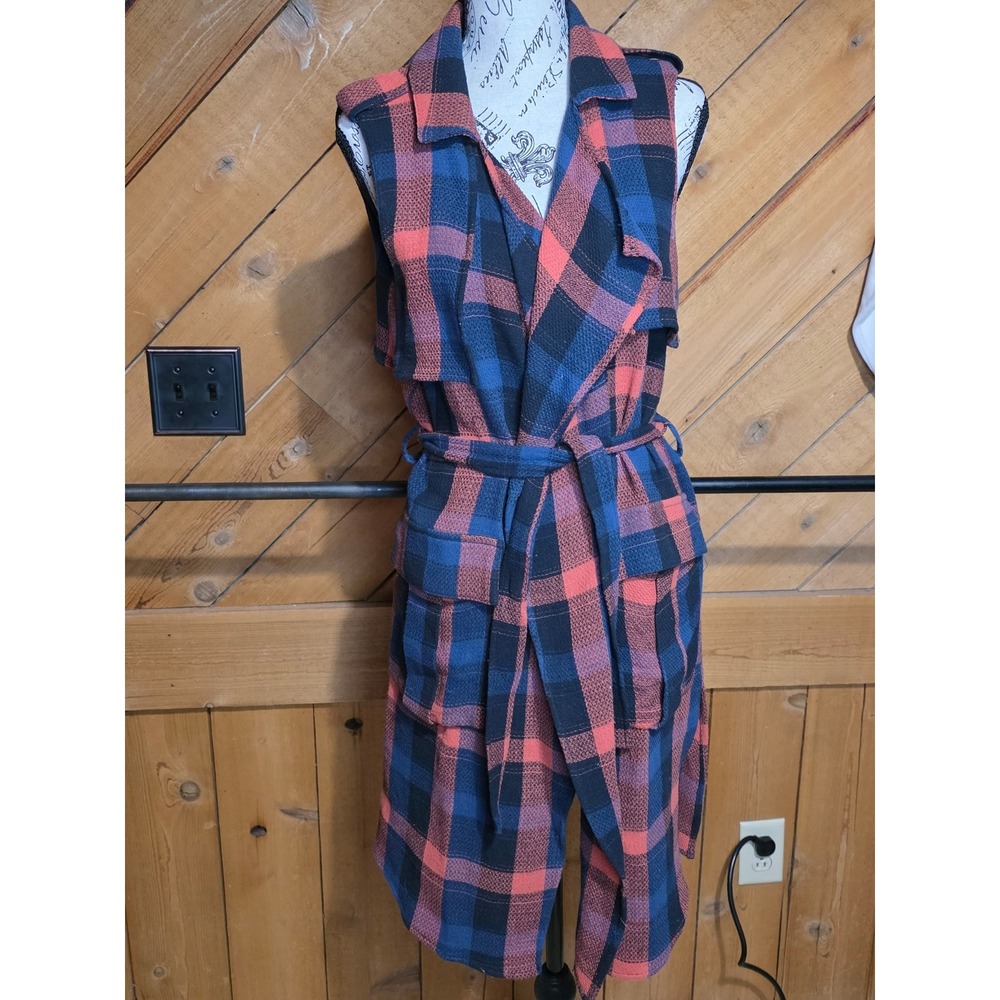 Plaid Sleeveless Trench Coat Vest Navy Blue Coral Pink‎ Belted Longline Jacket
